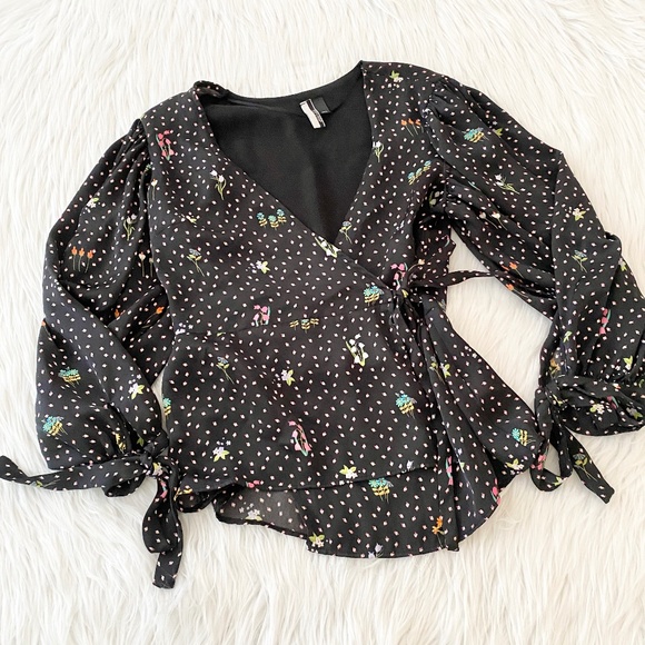 Topshop Tops - Topshop Floral Black Wrap Blouse